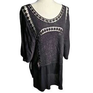 XCVI Womens Viscose‎ Embroidered Crochet Dolman Short Sleeve Blouse Top  XL